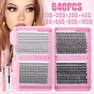 640 Mixed D Curl False Eyelashes Set with Adhesive & Glue, Reusable Dense Cluster Lashes for Natural Look, Festival & Thanksgiving Makeup, Eyelash Extension, Cosmetic