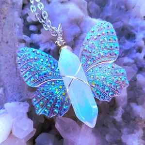 The3rdEyeBoutique Crystal Butterfly Necklace with Opalite Wire Wrapped Crystal and Glow in the Dark Butterfly Wings, Dainty Gift for Daughter, Birthday Wedding Bridesmaid Gift
