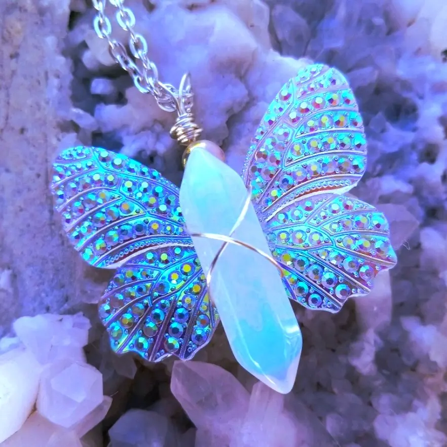 The3rdEyeBoutique Crystal Butterfly Necklace with Opalite Wire Wrapped Crystal and Glow in the Dark Butterfly Wings, Dainty Gift for Daughter, Birthday Wedding Bridesmaid Gift