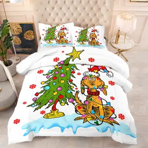Christmas Theme Printed Comforter Set, Includes Filled Blanket and Pillowcases, Christmas Tree and Dog Grinch Design, Childlike Fun Bed Linen, Comfortable Fabric, Easy Care