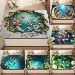 3D Illusion Carp Doormat Unique Koi Fish Pond Entrance Rug with Realistic Water Effect Non-Slip Floor Mat for Home Decor