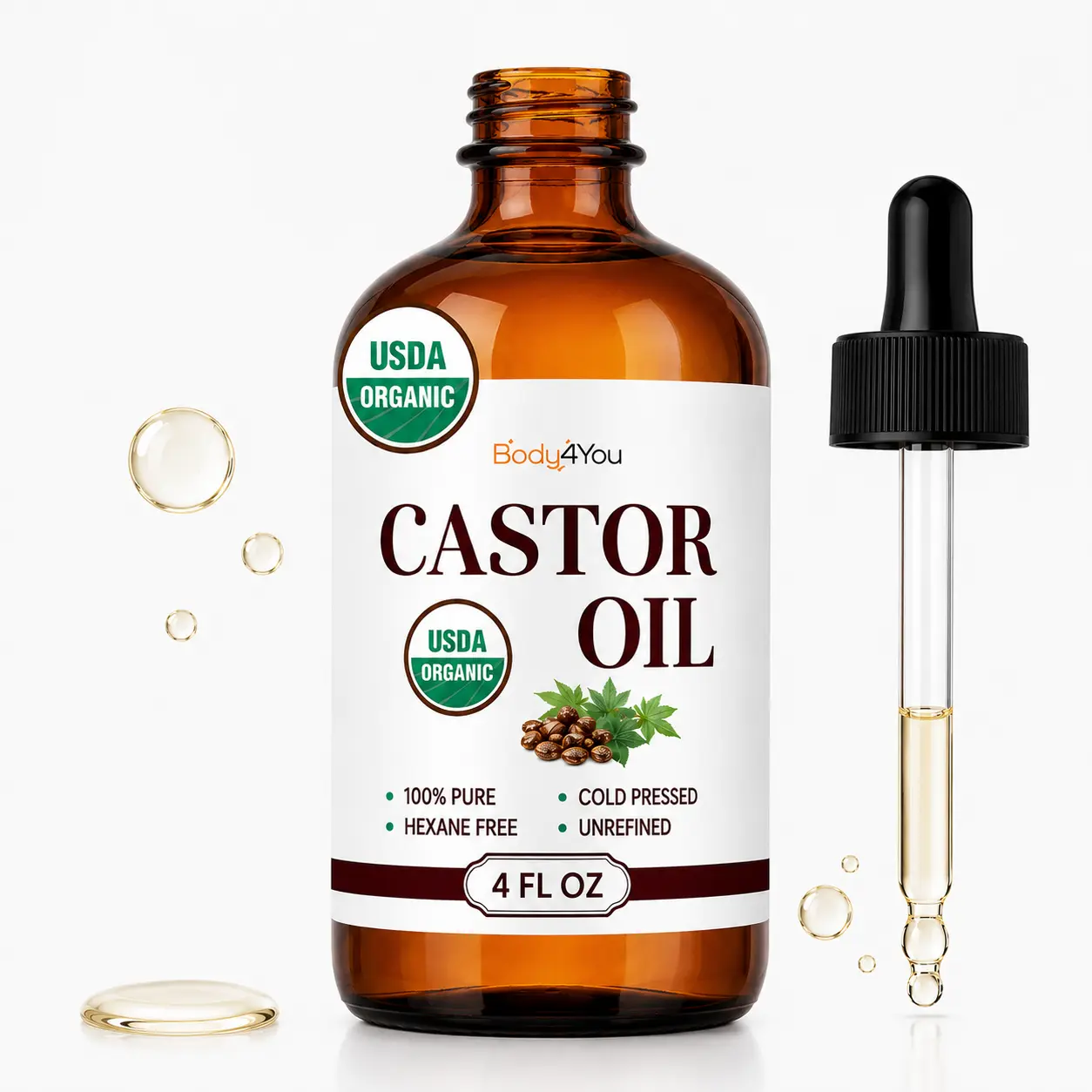 Body4You Organic Castor Oil for Eyelashes & Eyebrows - 100% Pure Daily Nourishing Moisture - Vegan Cruelty-Free - Hydrating Hair Growth Serum