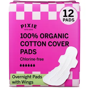 Pixie Organic Cotton Ultra Thin Overnight Pads for Women - Extra Heavy Absorbency with Wings - Leak-Proof, Hypoallergenic & Unscented - Compostable, Biodegradable - FSA Eligible - 12 Count