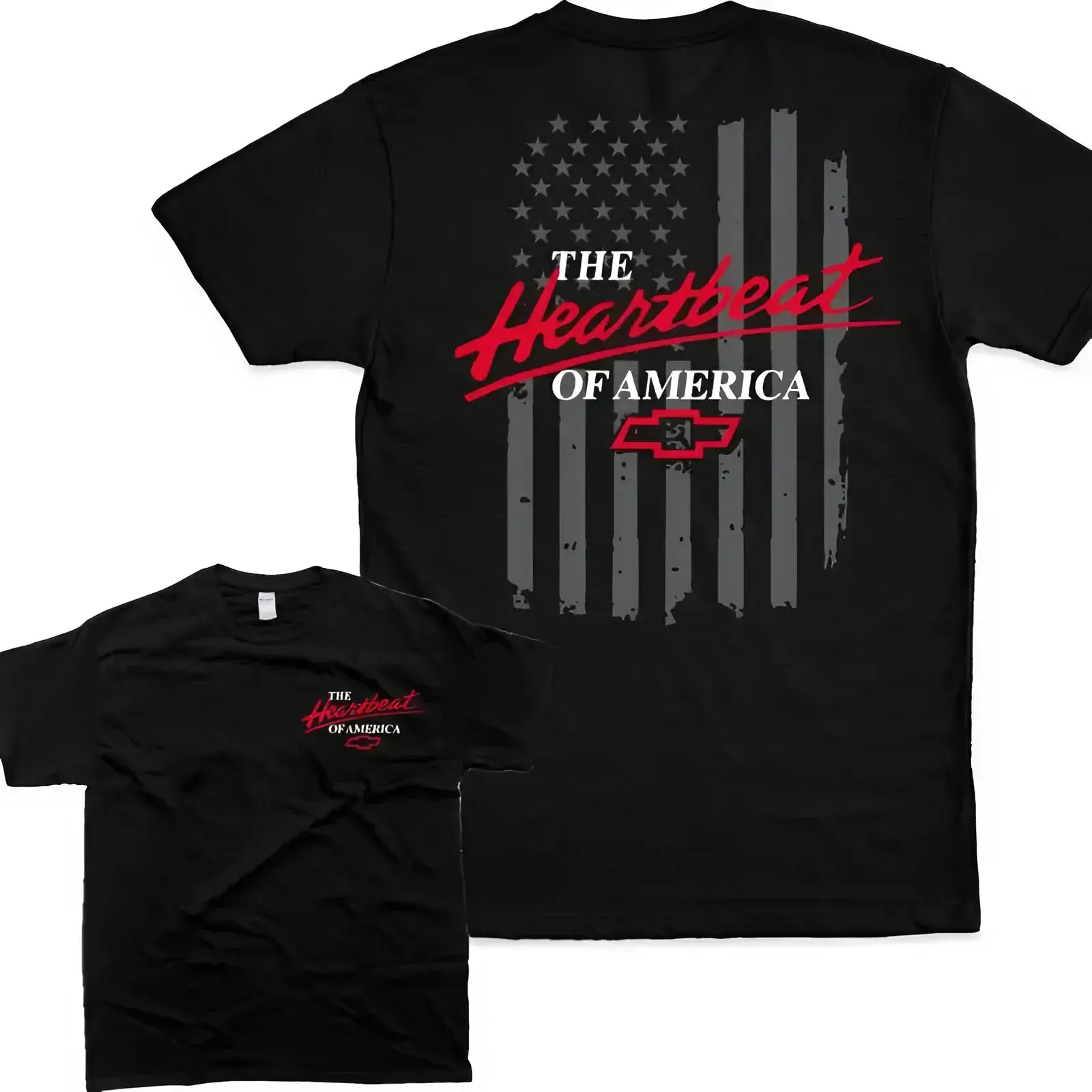 Men's Casual Short-Sleeve Chevy Heartbeat of America T-Shirt - Patriotic Flag & Logo Graphic, Chevrolet Heritage Top, Menswear for Car Enthusiasts, Gift for American Muscle Drivers