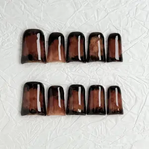 Vintage Tortoiseshell Press On Nails, Glossy Amber Brown Tortie Pattern, Reusable Acrylic Medium Square Fake Nails For Women Glitter Package Salon Quality Rhinestone