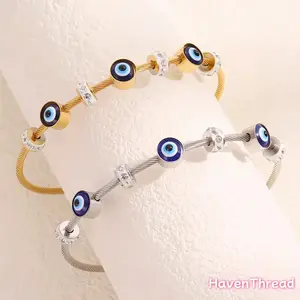 Women's Devil's Eye Charm Bangle Bracelets, Stainless Steel PVD Gold Plated, Rhinestone Enamel Waterproof Jewelry for Gaming Fans & Outdoor Casual Wear, Charm Bracelets