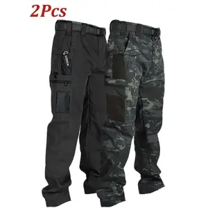 Men’s tactical cargo pants (set of 2), durable polyester, multiple pockets, dark gray and beige—perfect for hiking, camping, fishing, outdoor work, and everyday wear