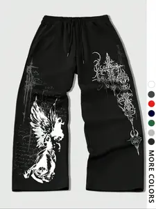 Men's Casual Loose-Fit Athletic Pants, Angel Totem Graphic Print Drawstring Wide Leg Joggers, All-Season Men's Clothing, Wide Leg Sweatpants, Deep Sweatpants, Baggy Sweatpants