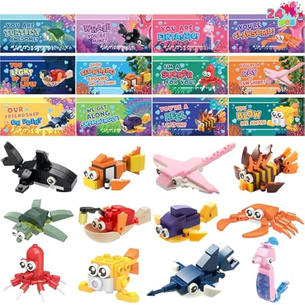 24 Packs Valentines Day Cards with Ocean Animal Building Block for Party Gifts, Kids Classroom Exchange, Prize Supplies, School Rewards, Valentine's Day Gift Cards for Kids