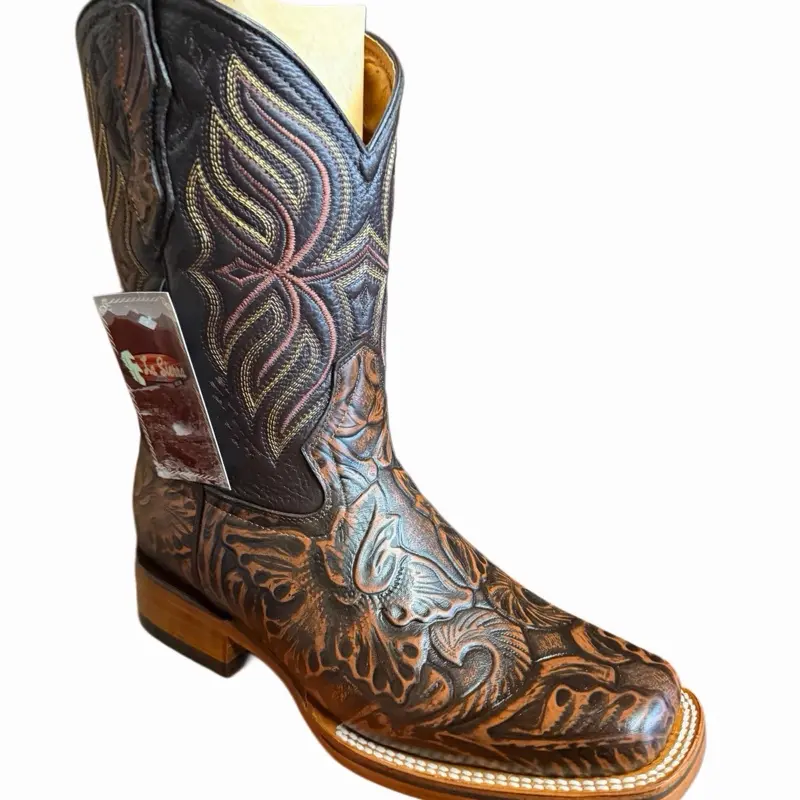 Western Hand Tooled Leather Square Toe boot/ Bota Vaquera Estilo Horma Rodeo Cincelada Miel Caballero Est. 697