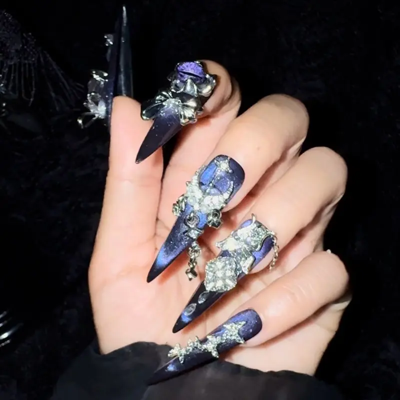 Handcrafted Purple Gem Silver Bow Cat-Eye Stiletto Press-On Nails, Gothic Style Glam Makeup Nail Art for Party Use