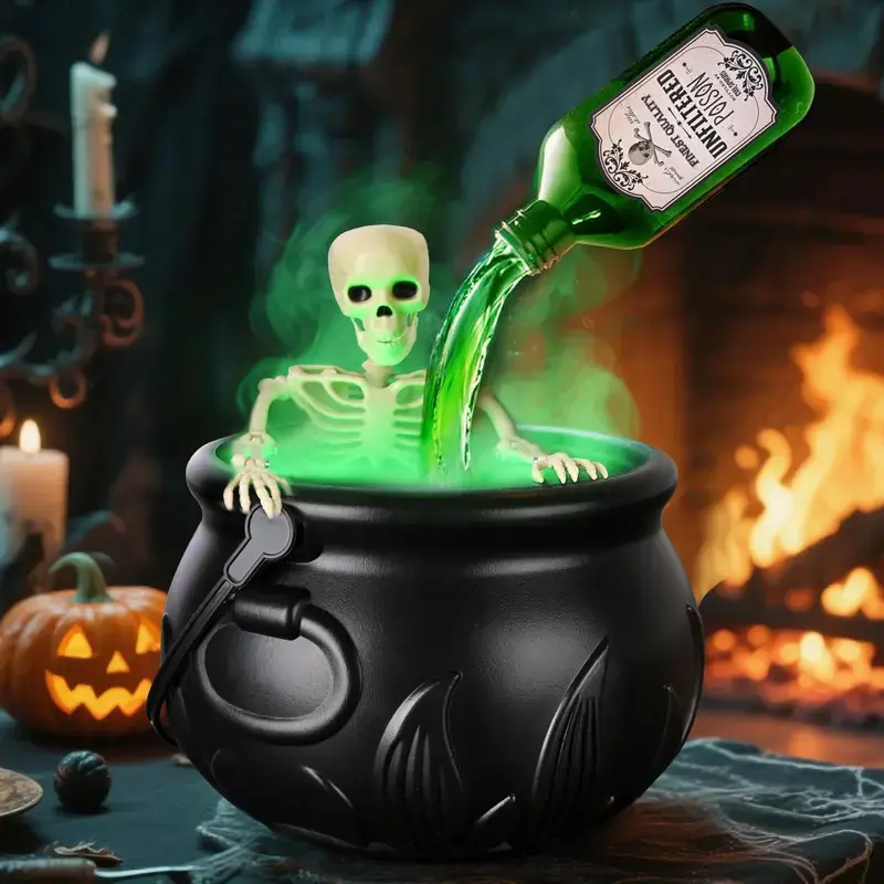 Halloween Decorations Indoor - Cauldron Halloween Decor with Magic Floating Potion Bottles and Diffuser - Black Plastic Witches Bowl Hocus Pocus Party Decoration for Spooky Vintage Home Kitchen Table, Halloween Bat Bucket Diffuser