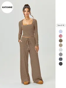 Women's Slouchy Square Neck Stripe Long Sleeve Crop Top & Low-Rise Wide Leg Trousers Co-ord