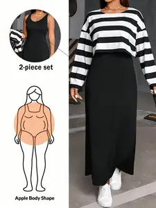 Plus Size Women's Fashion Casual Loose Striped Top with Solid Color Dress Two-Piece Set Outfit, Comfortable, Breathable and Stylish for Daily Wear Everyday Skirt