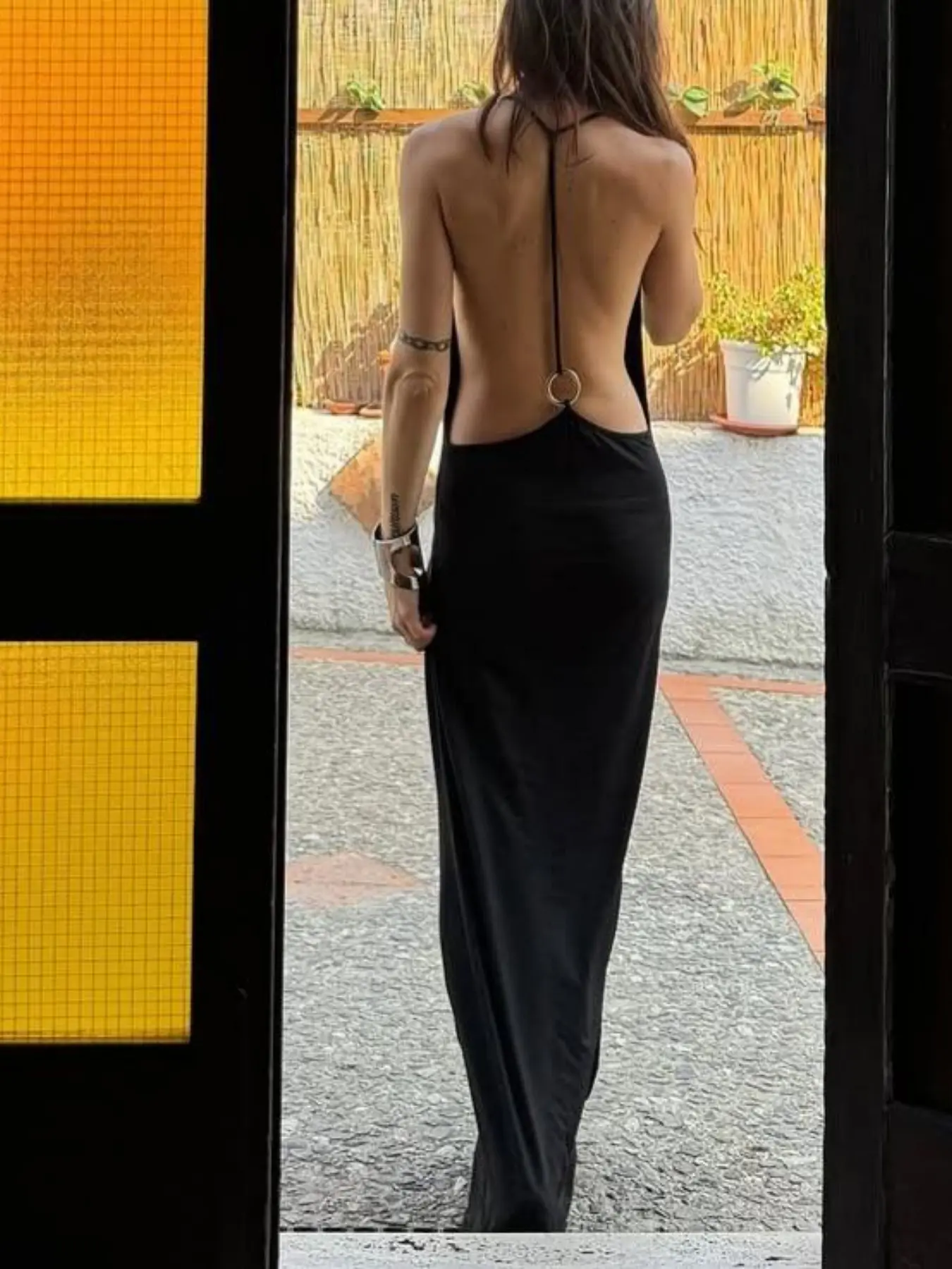 Sexy Backless Halter Deep V Neck Dress, Metal Ring Decoration, Bodycon Long Formal Wear Party Gown, Women's Fashion Evening Wear, Elegant Backless Dress, Bodycon Fit Dress, Formal Dresses