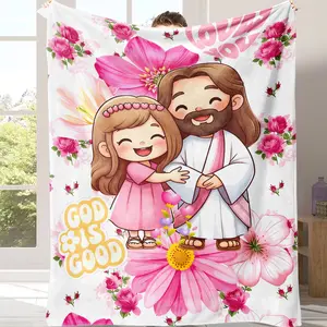 Cute Cartoon Jesus & Little Girl Floral Flannel Blanket, God Is Good Christian Inspirational Throw, Ultra Soft Cozy Plush Blanket for Sofa Bed, Perfect Baptism, Christmas & All Occasion Religious Gift for Faith Believers, Christian Friends & Family