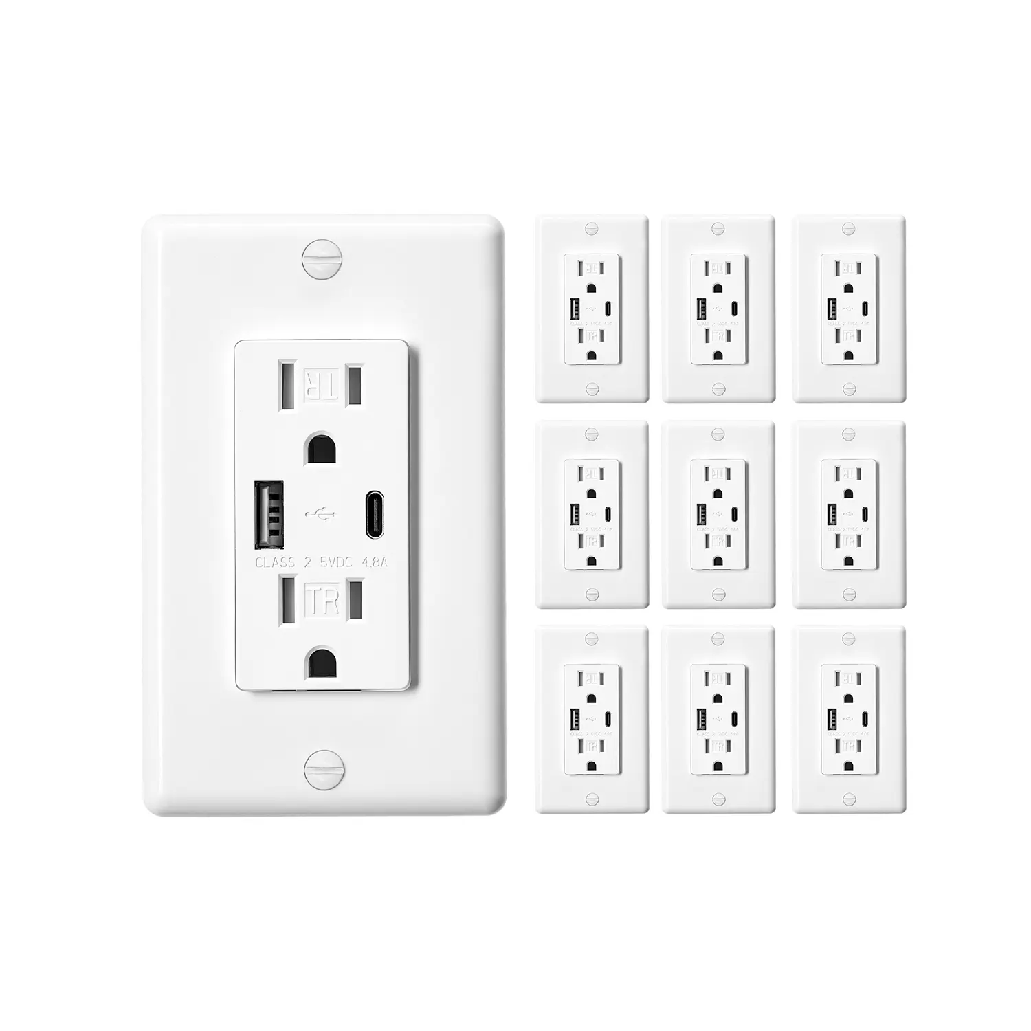 【Summerfinds】VEVOR USB Wall Outlet,24 W 15A Tamper Resistant Electrical Outlet with 1 Type C & 1 Type A Ports2 Three-prong AC OutletsScrewless Wall Plate IncludedCharging for Multiple DevicesWhite