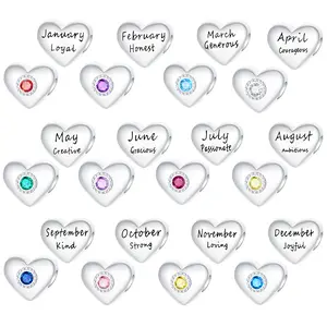 Birthstone heart charms in 925 sterling silver, CZ pavé and engraved month traits; suitable for charm bracelets and stacking; women’s jewelry—personalized gift for birthdays and anniversaries.