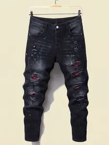 Men's  Patchwork  Ripped Jeans, Fashion Casual Streetwear Comfy Denim Pants for Daily Outdoor Wear, Mens Bottoms for All Seasons, Ripped Skinny Pants