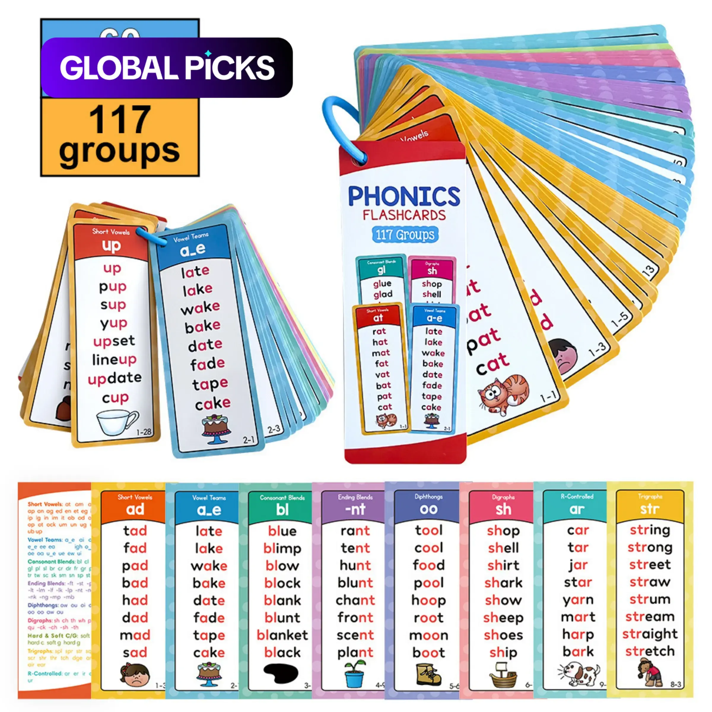 Phonics Word List Card Set, 60pcs/set 117 Groups Pronunciation Word List, Vocabulary Building Aids with Over 900 Pronounced Rhyming Words