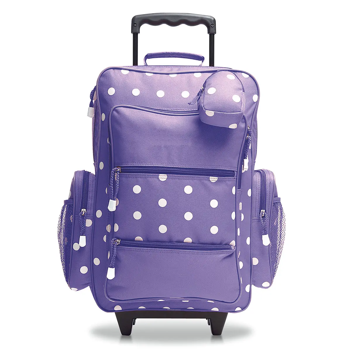 Lillian Vernon Rolling Luggage for Kids, 5-Pocket Purple Polka Dot Design Suitcase Set With Clip-On Pouch, Girls Travel Carrier on Wheels, 6"W x 15.5"L x 21"H