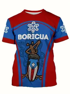 Men's Casual Summer T-Shirt, Ethnic Puerto Rican Cultural Theme, Striped Prints, Perfect for Daily Wear and Vacation, Sporty Fitted Long Sleeve Streetwear Tee, Tropical