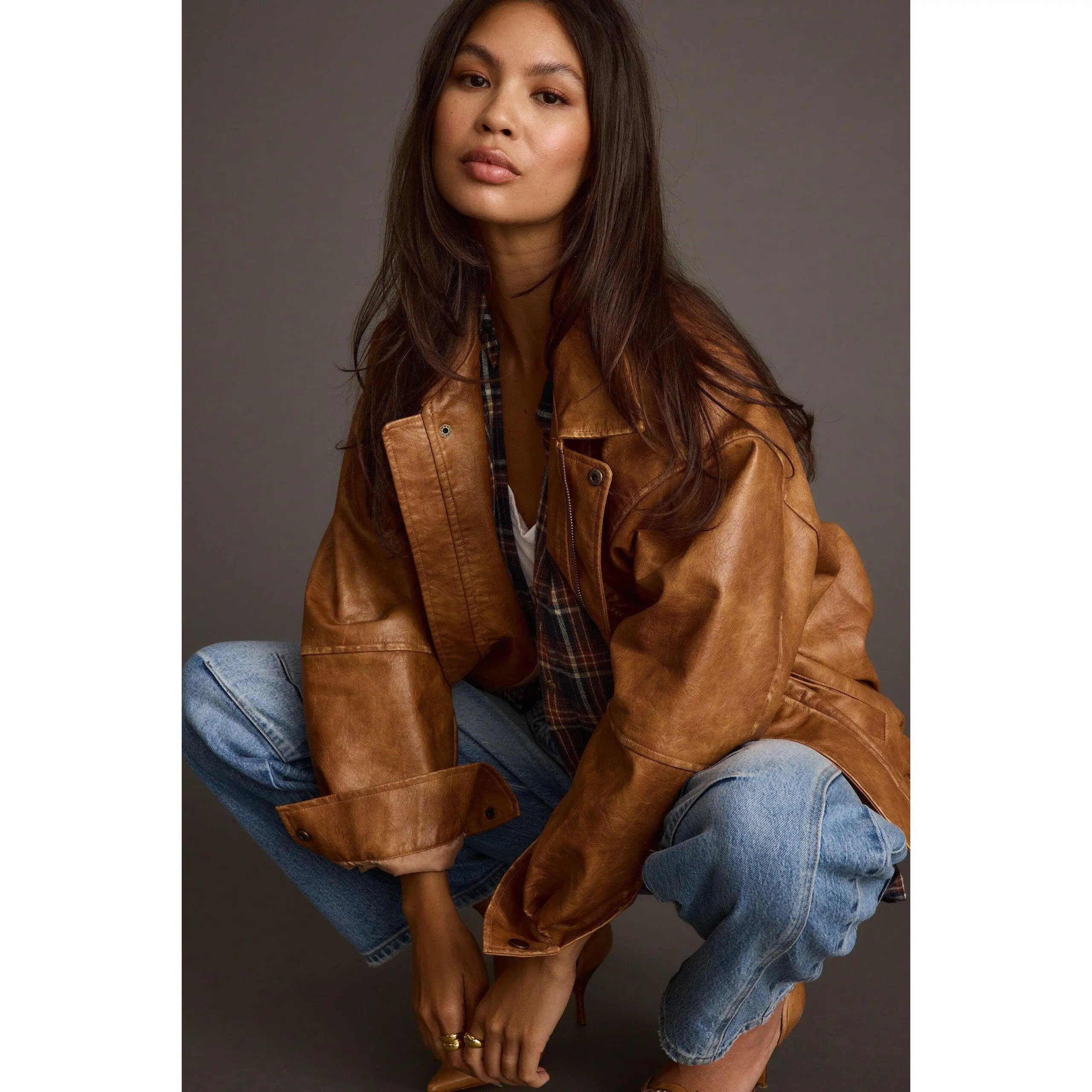 London Calling Cognac Oversized Faux Leather Jacket