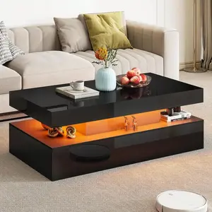 Coffee Table With LED Light, Modern High Gloss Finish Center Table With 2-Tier Storage Space, Minimalist Coffee Table For Living Room