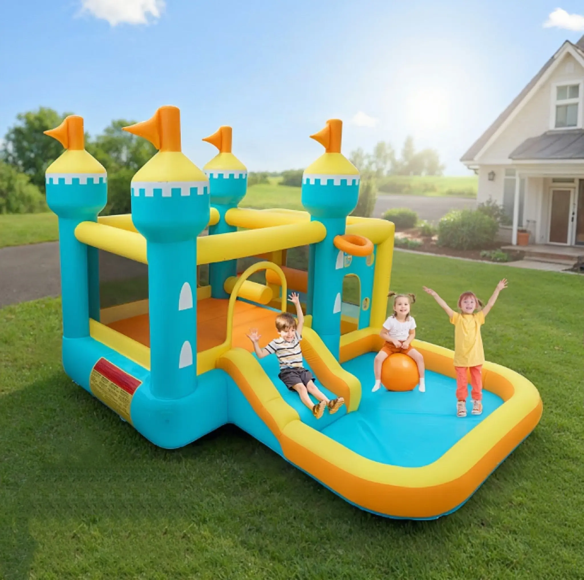 Inflatable Bounce House with 5-in-1 Play Zones, Inflatable Castle Gift with Slide & Pool, FCC & CPC Certified, Blue/Yellow