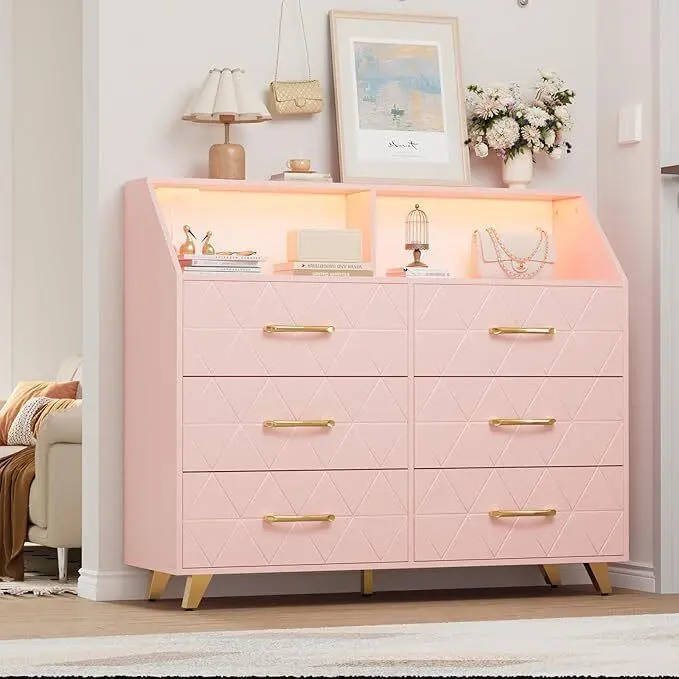 Gaomon Modern Home Furniture 6-Drawer Free-Standing Storage Dresser - Built-In Charging Station, Stylish LED Lighting for Bedroom, Kids' Room, Organizer Storage Dresser