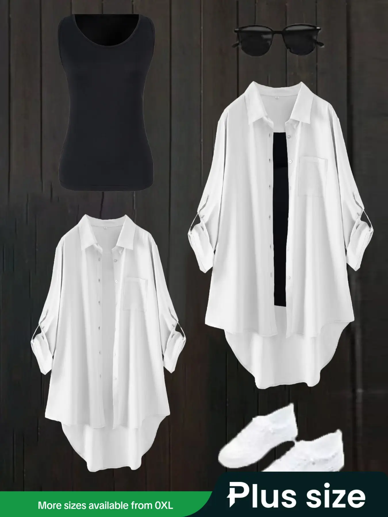 Plus-size women's matching two-piece set: Casual long-sleeve Button down top and tank top. Versatile for all seasons and suitable for commuting.