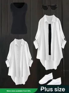 Plus-size women's two-piece set: long-sleeve blouse and tank top. Versatile for all seasons and suitable for commuting.