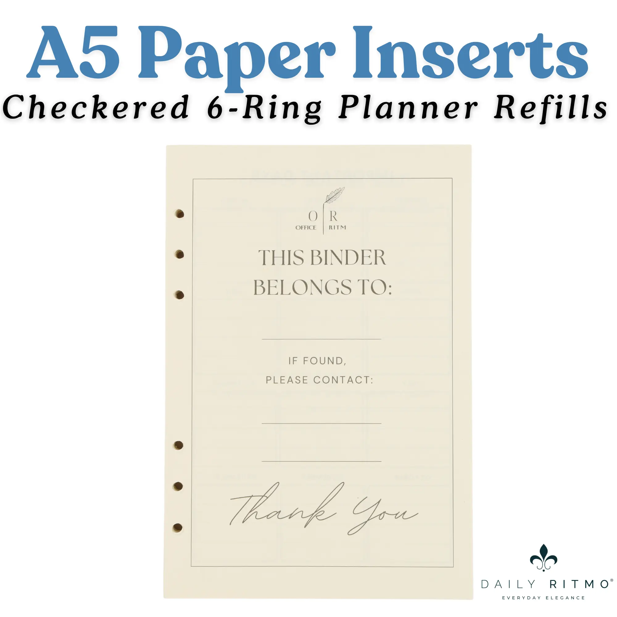 OFFICE RITM A5 6-Ring Planner Refill Paper Inserts, 100gsm Cream Paper for Checkered Leather 6-Hole Binders, Office Stationery Supply, Grid Style Paper