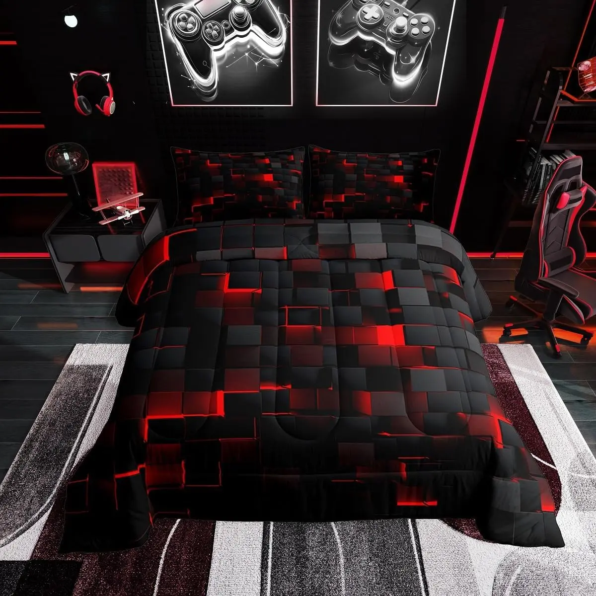 Feelyou Black and Red Neon Geometric Checkered Abstract Grids Comforter Set - Queen Size Option, Multi-Size Quilt Bedding Set with Travel-Friendly Bedroom Accessories, Comforter Queen Size