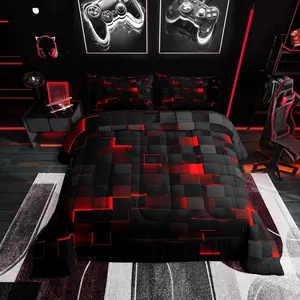 Black and Red Comforter Set,Neon Geometric Checkered Bedding Set,Abstract Grids Quilt Comforter,Plaid Check Bed Set