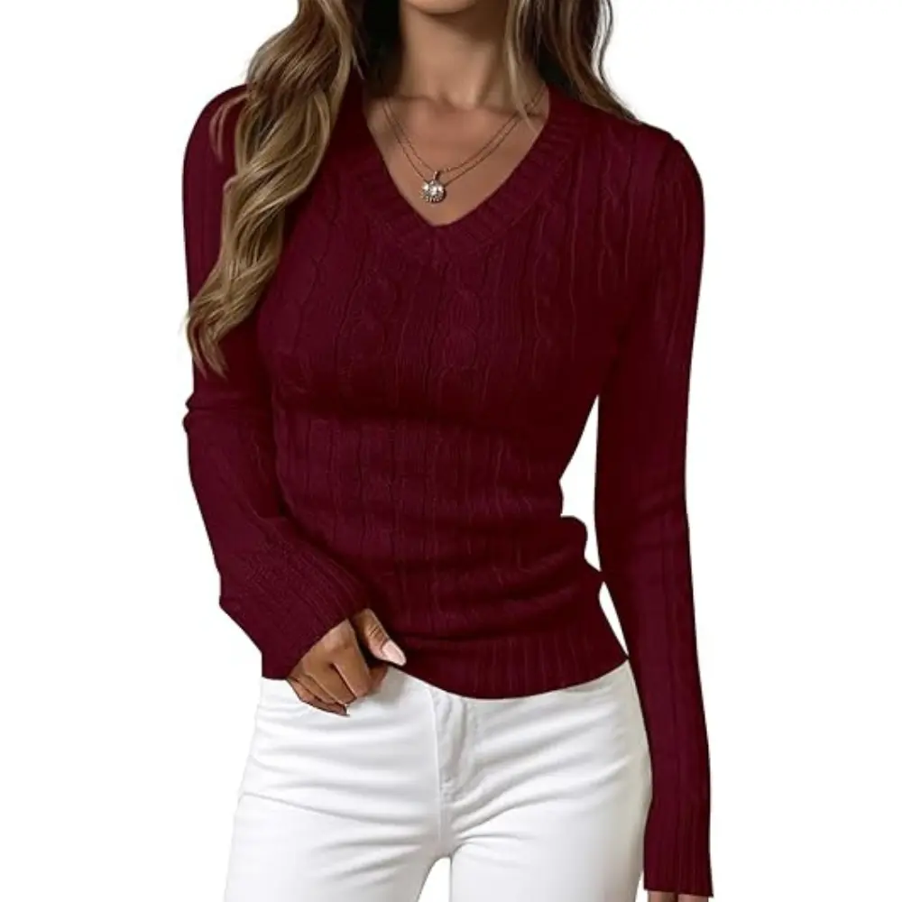 PRETTYGARDEN V Neck Cable Knit Sweaters for Women Long Sleeve Ribbed Fitted Pullover Tops Business Casual Fall Outfits
