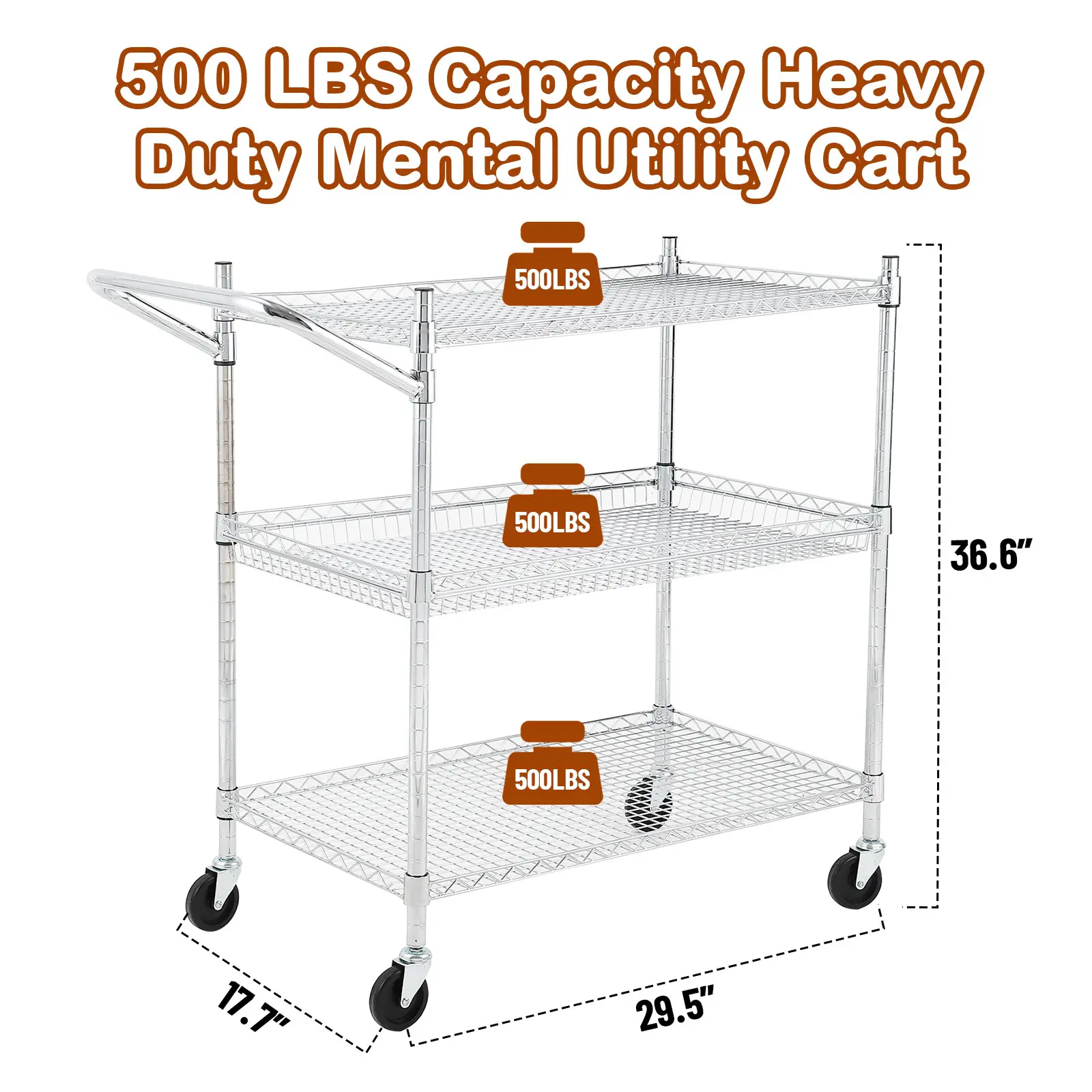 3-Tier Rolling Utility Cart, Stainless Steel Kitchen Trolley with High Bar, Locking Casters & Adjustable Steel Shelves, 3x227kg Load Capacity Catering Storage Cart for Kitchen Hotel Restaurant