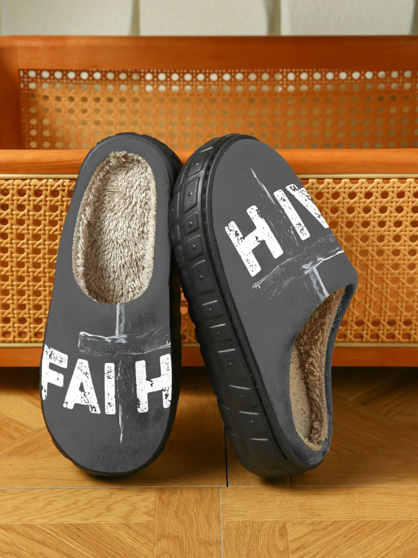 Faith Cross Vintage Plush Slippers, Fluffy House Slippers, Trendy Religious Style, Warm Fleece Lining, Soft Sole, Winter Home Shoes for Young Adults