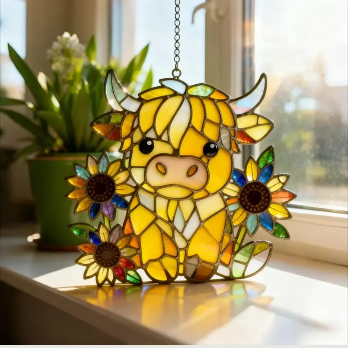 Sunflower Highland Cow Stained Acrylic  Suncatcher, Unique Handmade Holiday Gifts, Farmhouse Wall Art Home Decor, Rustic Home Gift