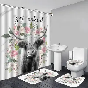 1/4pcs Highland cow and floral pattern shower curtain set, including shower curtain, toilet seat cover, rectangular mat and U-shaped mat, perfect for Decorative bathroom décor, beautifies the space, and comes with 12 shower curtain hooks.