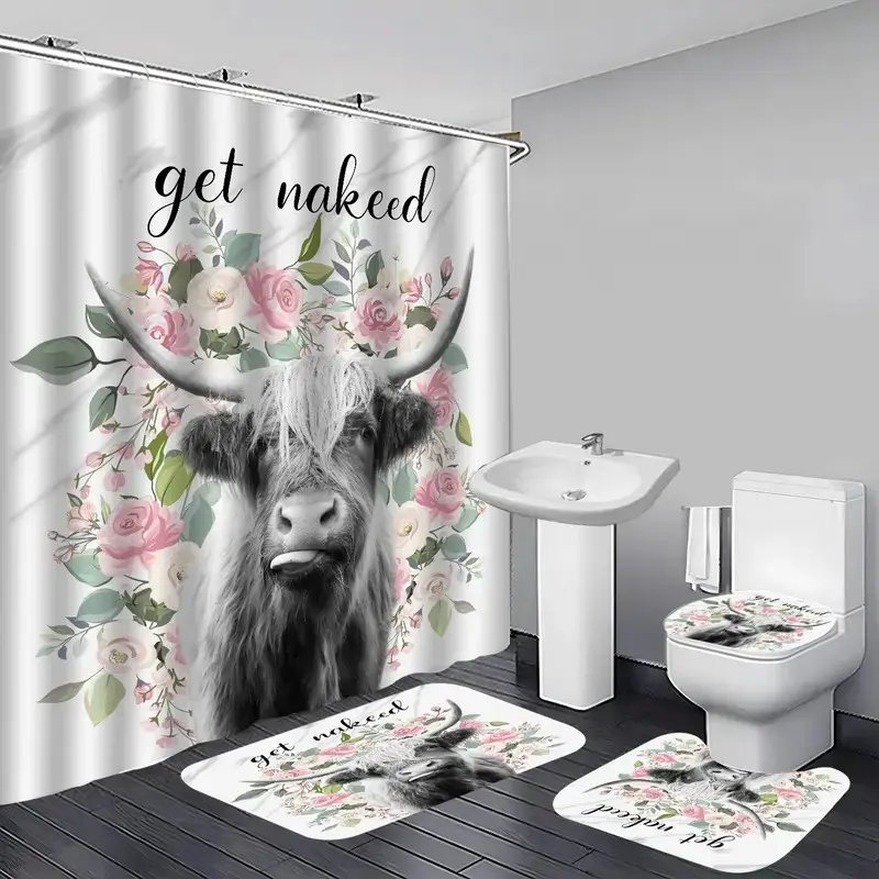 1/4pcs Highland cow and floral pattern shower curtain set, including shower curtain, toilet seat cover, rectangular mat and U-shaped mat, perfect for Decorative bathroom décor, beautifies the space, and comes with 12 shower curtain hooks.