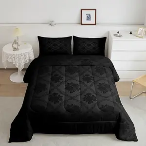 Gothic Comforter Set,Vintage Rose Floral Comforter,Ombre Black Damask Bedding Set,Luxury Flower Duvet Set,Room Decorations Quilt Set
