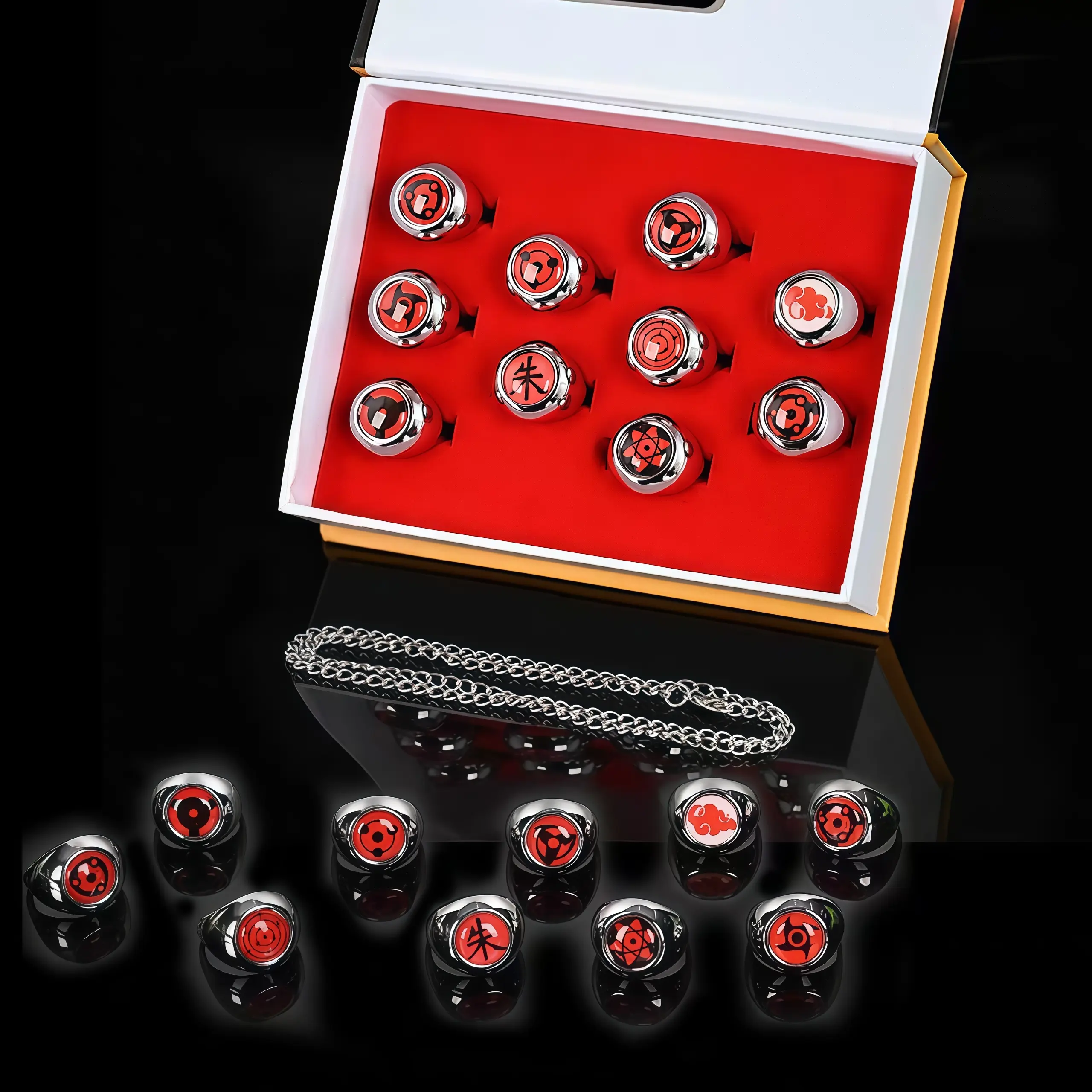 Naruto Akatsuki Anti-Oxidation Metal Rings Set (10-Pcs) - Open Adjustable Alloy Bands with 14cm×11cm Gift Box, Matching Necklace, Mangekyou Rinnegan Patterns, Anime Cosplay Jewelry (Gift for Classmates, Comic Convention Attendees, Naruto Fans)