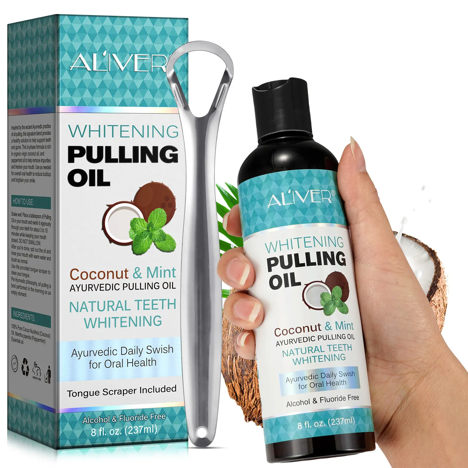 ALIVER Natural Coconut Oil Mint Oil Pulling Mouthwash 237ml, with tongue scraper and measuring cup, alcohol-free and fluoride-free oral care solution, Mint Oral Rinse Liquid, Oral Care Product