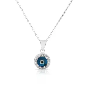 925 Sterling Silver Light Blue Glass Two-Sided Womens Evil Eye Pendant Necklace Spring Ring Clasp Jewelry Accessory Greek Key Pattern