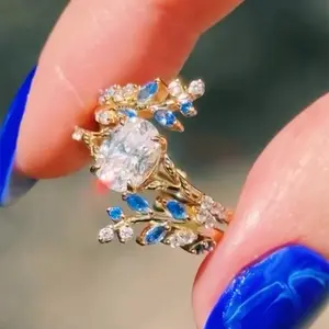 Elegant Leaf-Shaped Oval Cubic Zirconia Bridal Wedding Ring Set - Engagement & Wedding Rings, Perfect for Anniversary, Birthday Gifts, Parties, Evening Events, Vacation Style & Charming Christmas Jewelry