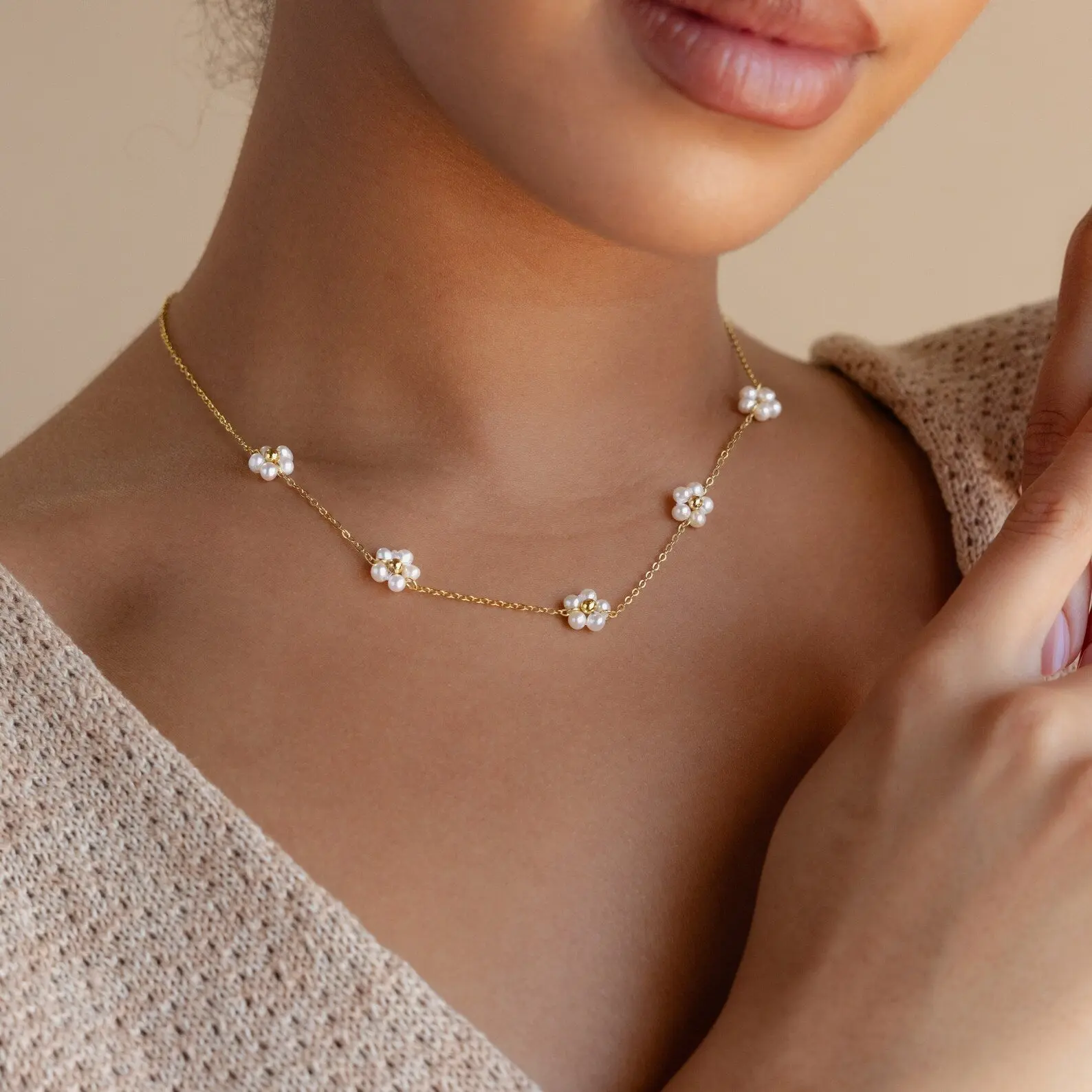 Flower Pearl Station Necklace by Caitlyn Minimalist - Dainty Beaded Pearl Flower Necklace - Gold Plated Layering Necklace - Sister Gift