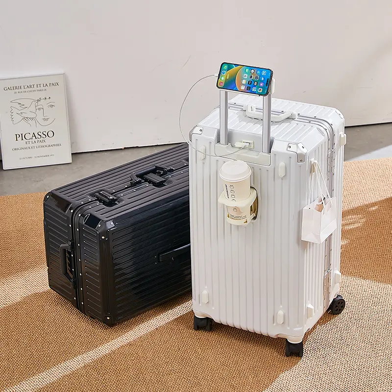 20" Carry on Luggage Aluminium Frame with Cup Holder, Top Opening Suitcases with USB Charging Port, Lightweight Front Pocket Rolling Suitcases with Spinner Wheels, TSA Lock, PC Hardsell