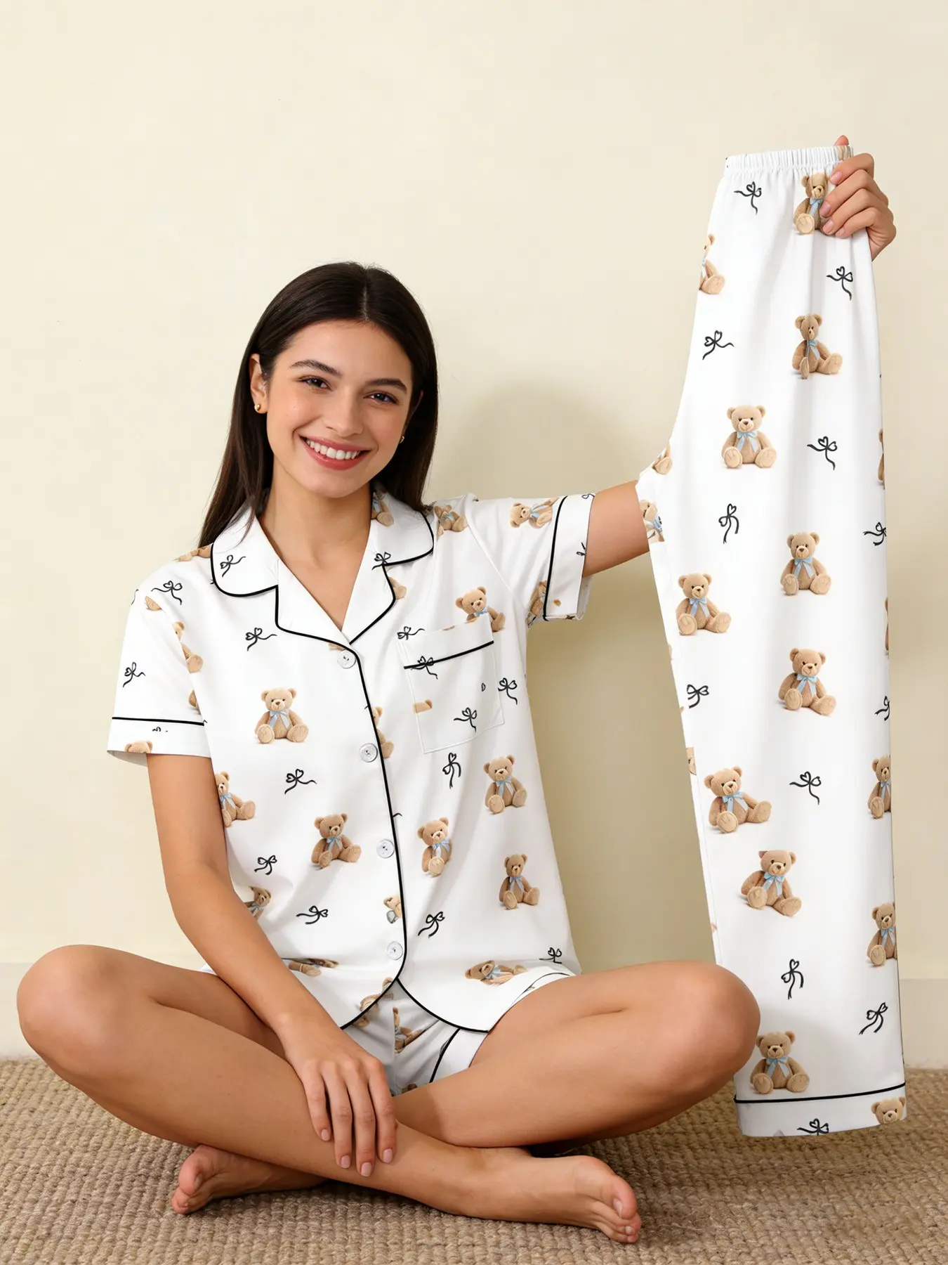 Women's 3 Piece Pajama Set, Loungewear Outfit, Button Front Top + Shorts + Long Pants, All Season Wearable, Teddy Bear Bow Print, Photo Friendly Home Loungewear, Loungewear Pjs Set, Sleepwear Pajamas Set, Nightwear Lounge Set, Pajama Clothes