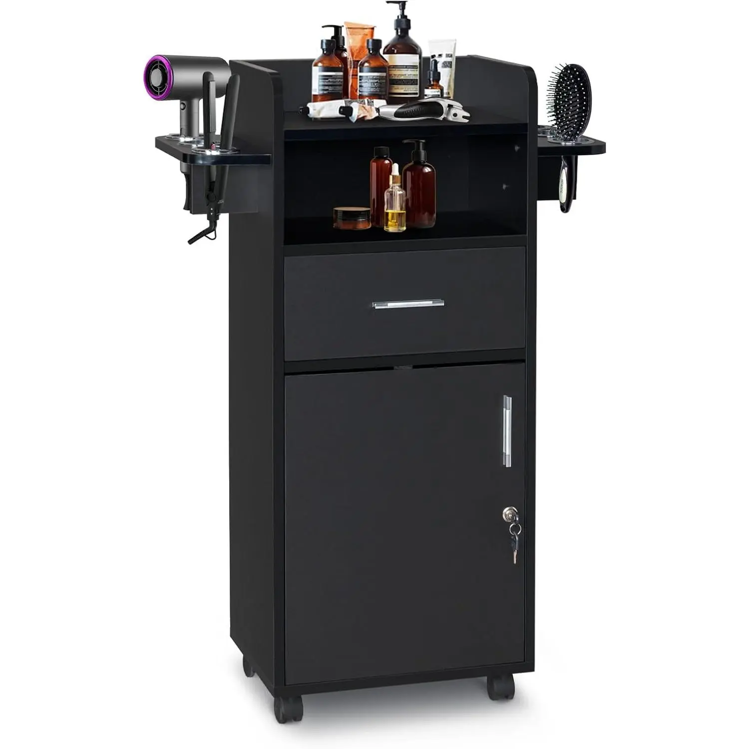 Black Commercial Salon Trolley Cart - 360° Rotatable Wheels, 6 Tool Holders, 1 Drawer, Rolling Station Cabinet for Hair Stylists